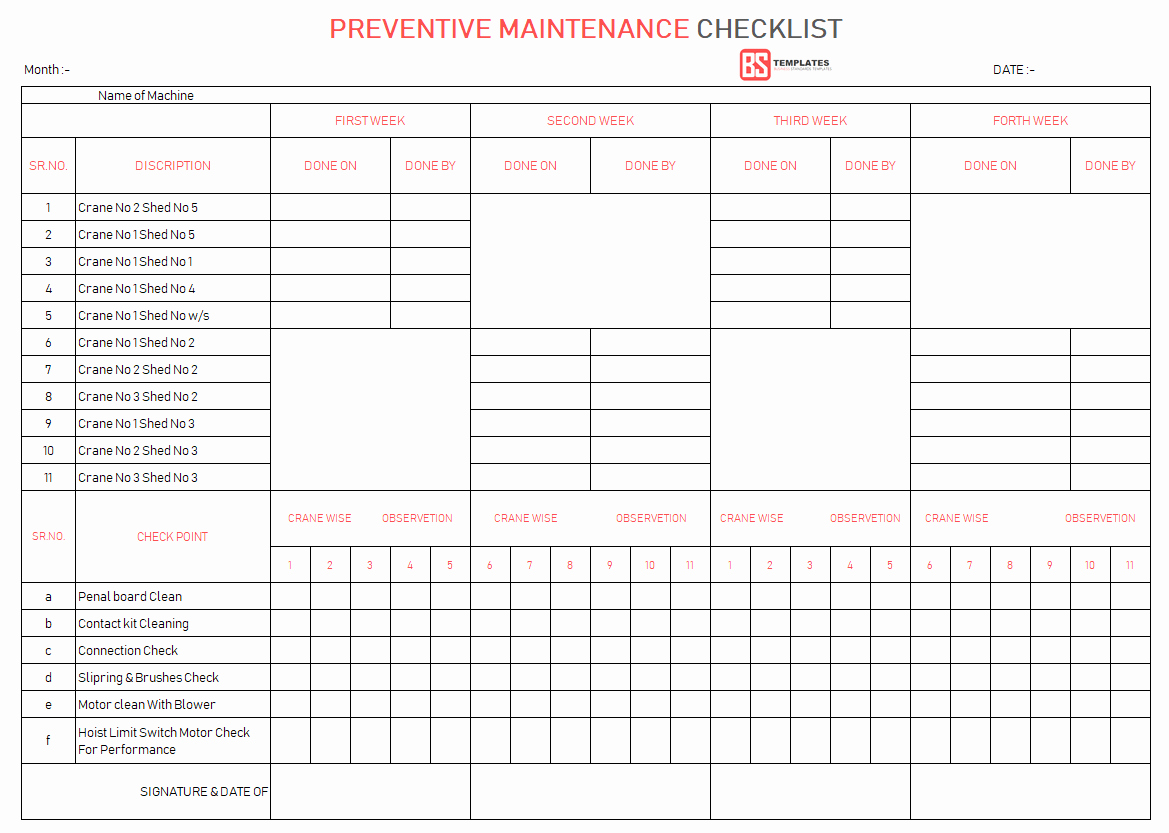 Preventive Maintenance form Template New Maintenance Checklist Template 10 Daily Weekly