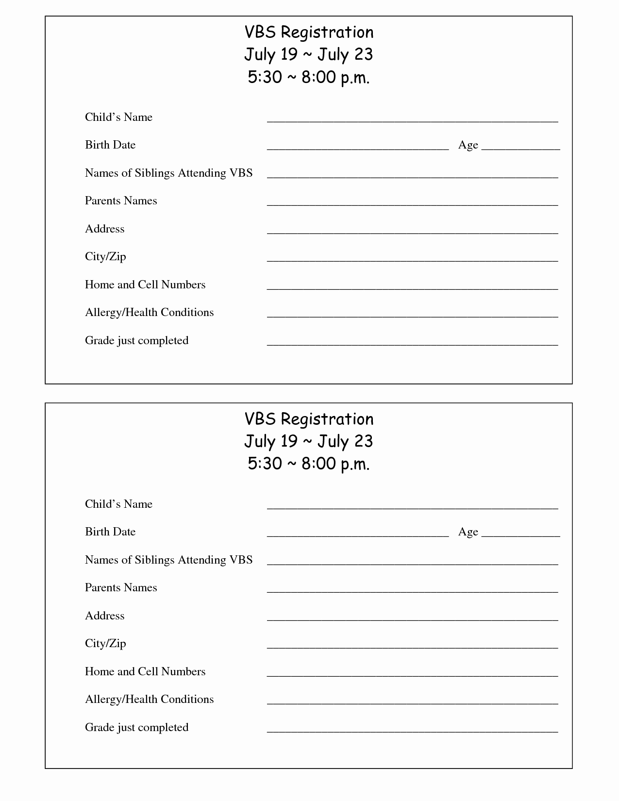 Printable Registration form Template Awesome Printable Vbs Registration form Template