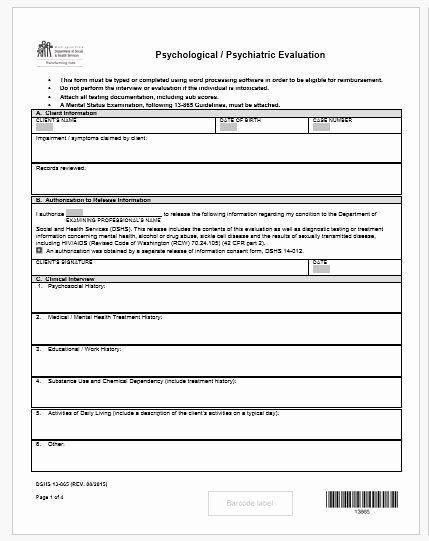 Psychiatric Evaluation form Template Fresh Psychiatric Evaluation forms