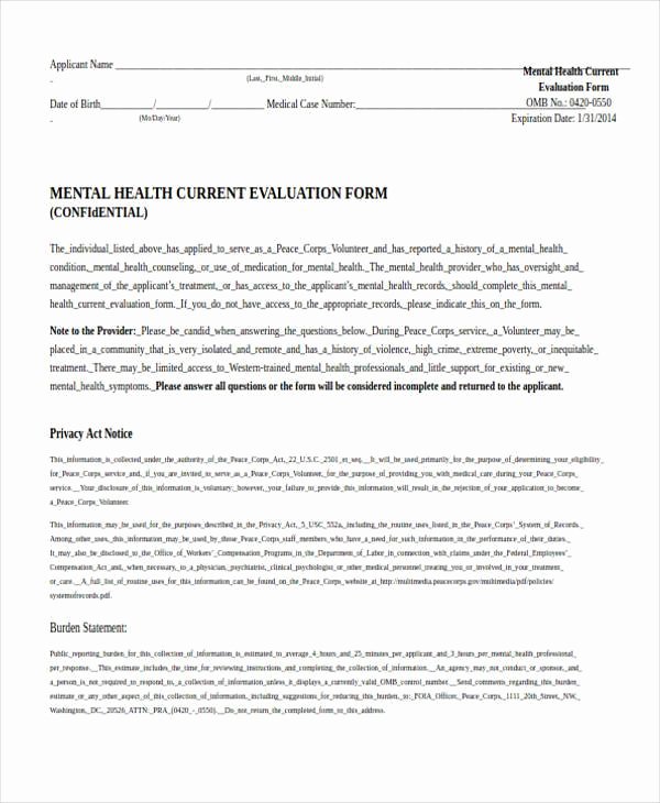 Psychiatric Evaluation form Template Unique Free 7 Health Evaluation form Samples In Pdf