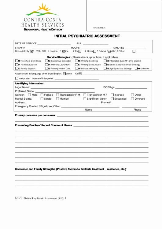 Psychiatric Evaluation form Template Unique Initial Psychiatric assessment Printable Pdf