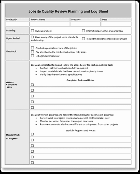 Quality Control form Template Luxury Construction Job Site Quality Control Review Planning