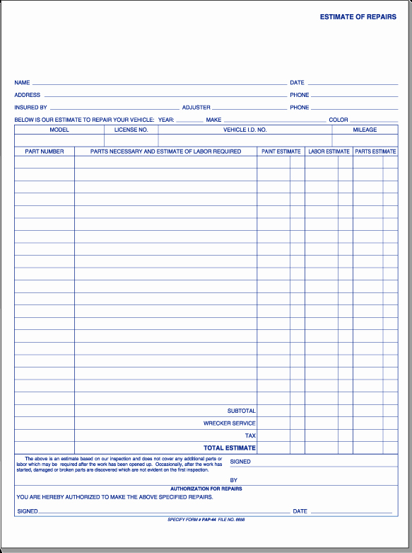 Repair Estimate form Template Free Beautiful Free Printable Auto Body Repair Estimate forms Cover