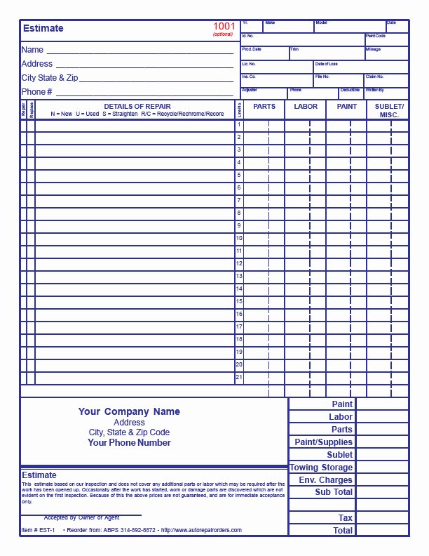 Repair Estimate form Template Free Best Of Auto Body Estimate Template