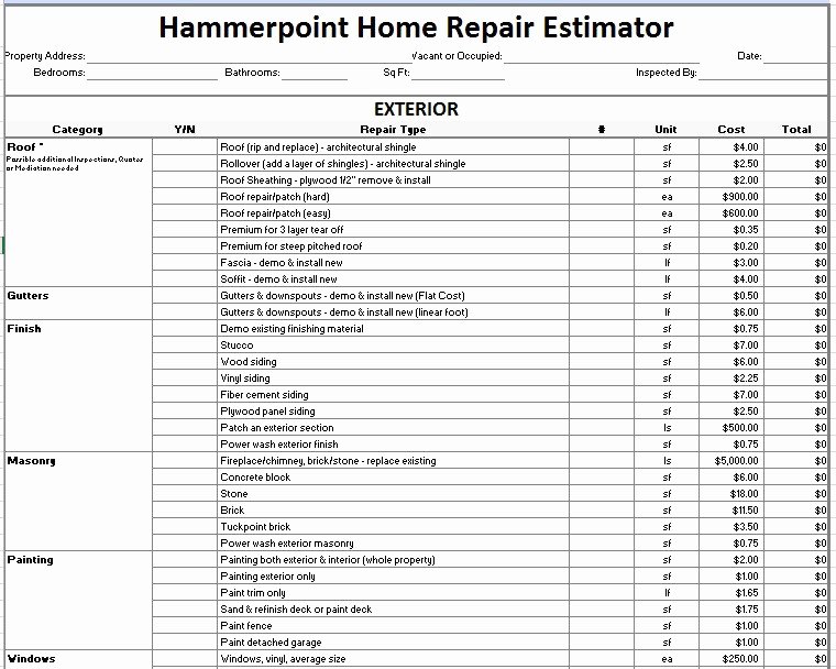 Repair Estimate form Template Free Elegant Home Repair Estimate form