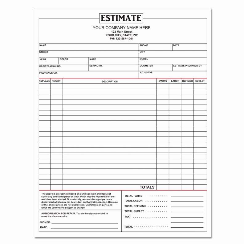 Repair Estimate form Template Free Fresh Repair Estimate form