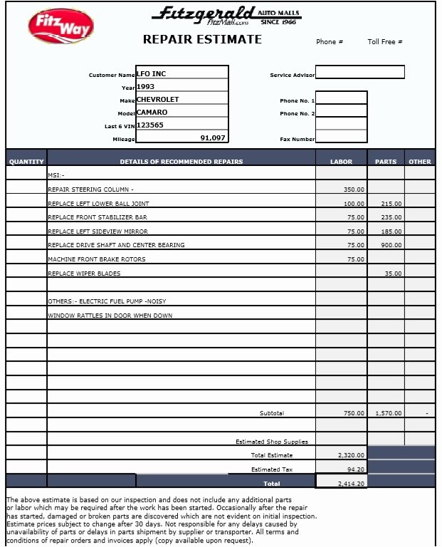 Repair Estimate form Template Free Lovely 9 Free Sample Auto Repair Quotation Templates Printable