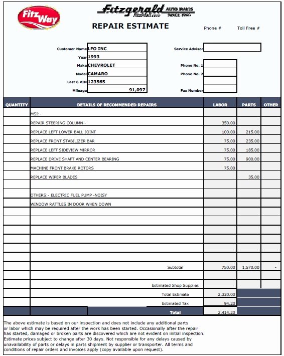 Repair Estimate form Template Free Luxury 13 Free Sample Auto Repair Estimate Templates Printable