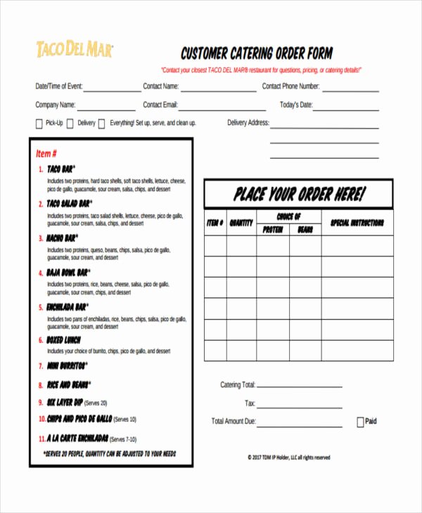 Restaurant Food order form Template Elegant Free 9 Catering order form In Sample Example format