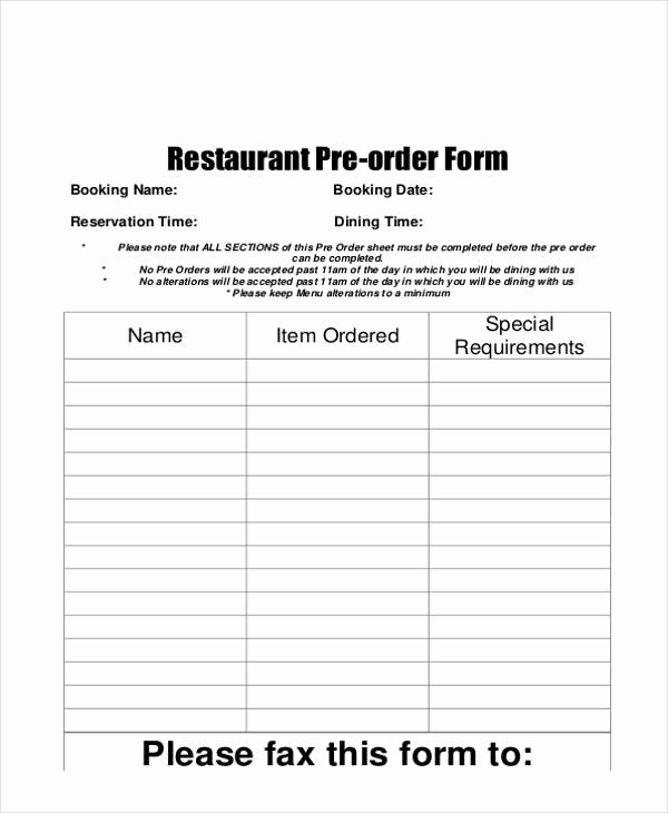 Restaurant Food order form Template Luxury Free 11 Restaurant order form Samples In Sample Example