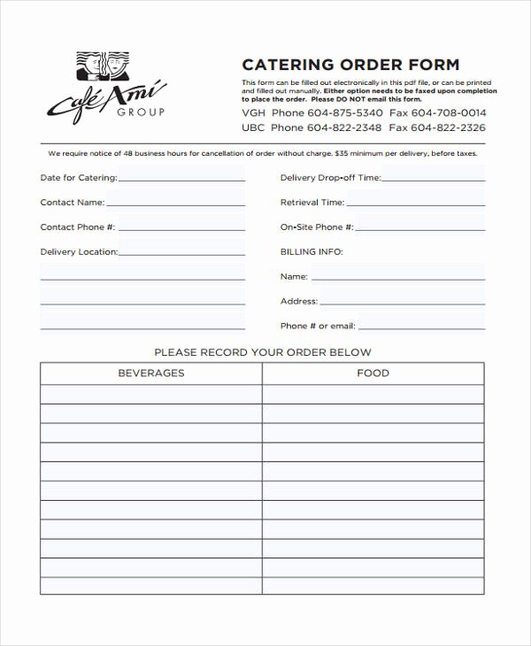 Restaurant Food order form Template Unique Free 9 Catering order form In Sample Example format