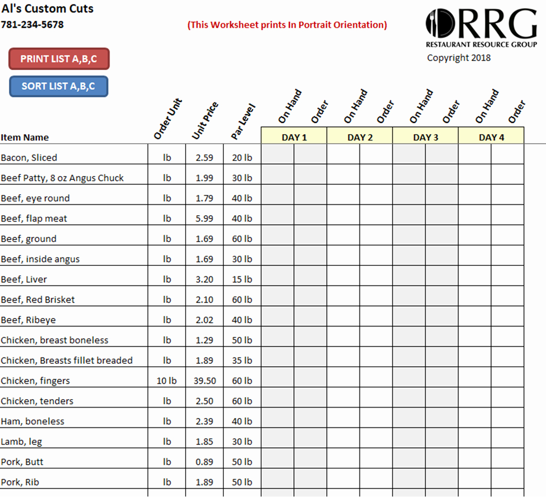 Restaurant Food order form Template Unique Restaurant Vendor order Guide Workbook Spreadsheet