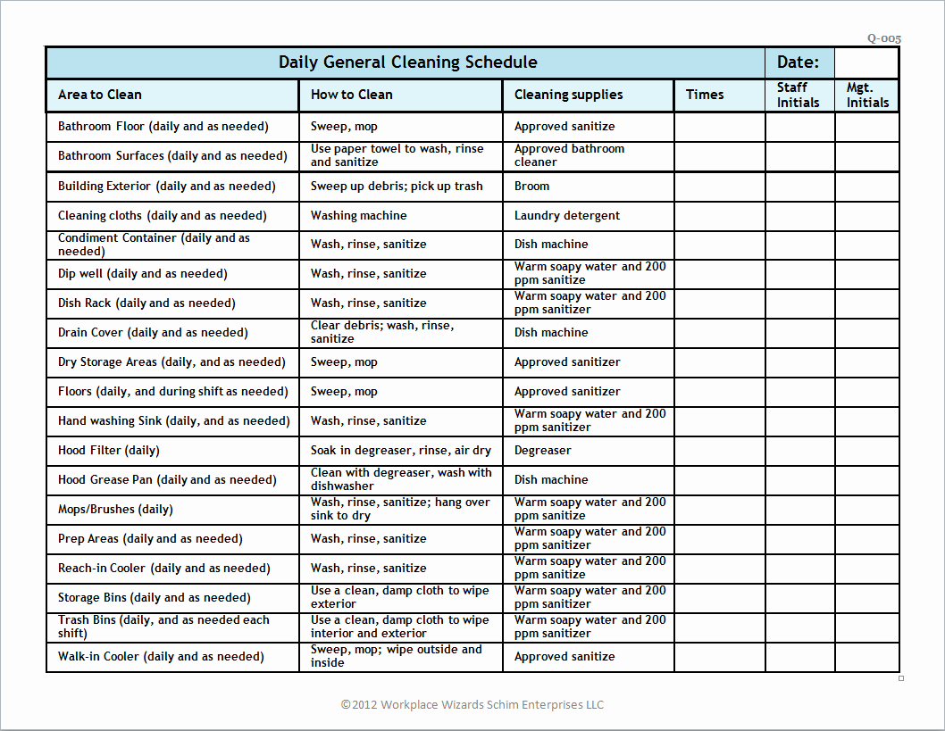 Restaurant Work Schedule Template Awesome Restaurant Cleaning Schedule Workplace Wizards