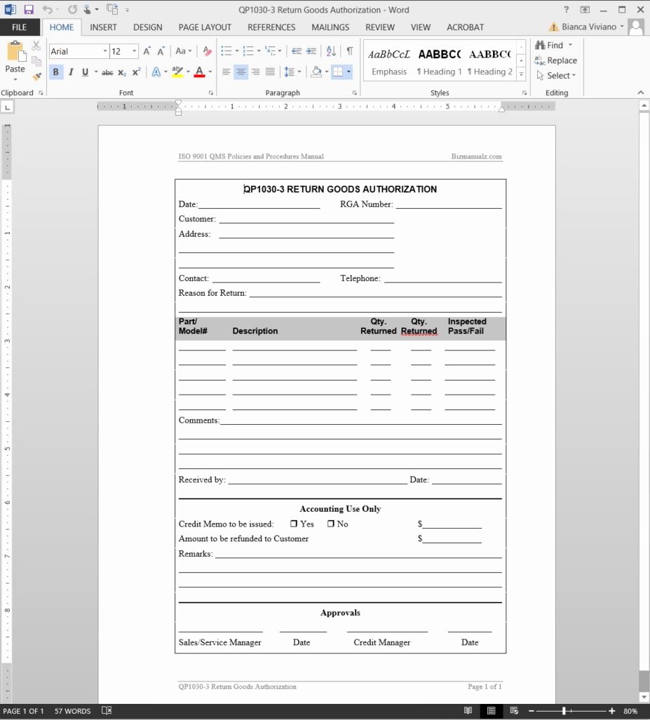 Return Authorization form Template Beautiful Return Goods Authorization iso Template