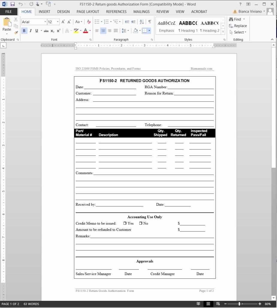 Return Authorization form Template Best Of Fsms Returned Good Authorization Template