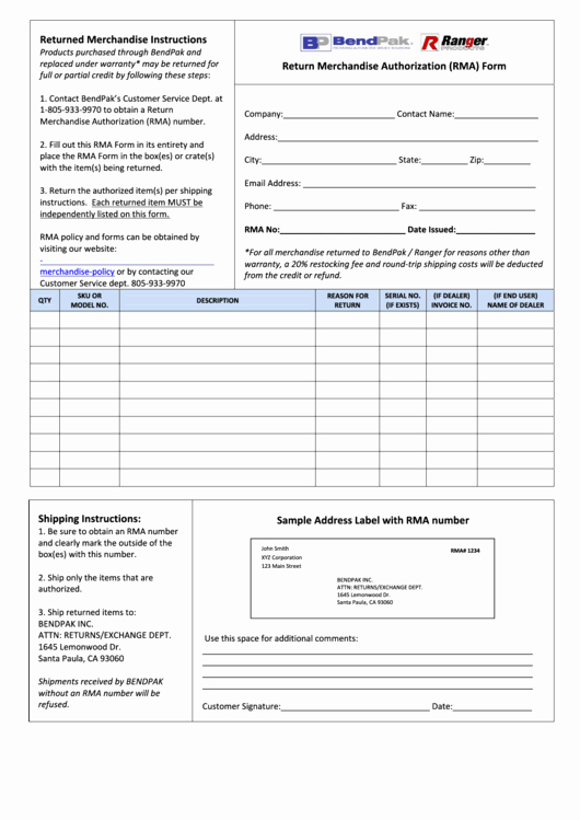 Return Authorization form Template Fresh Return Merchandise Authorization form Printable Pdf