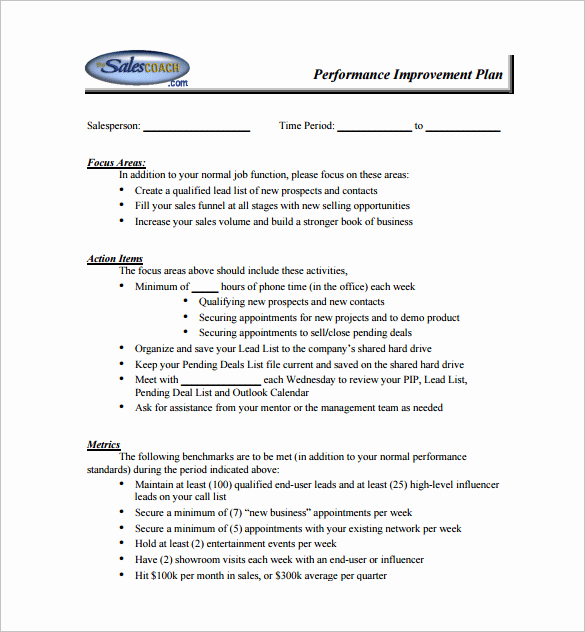 Sales Performance Improvement Plan Template Lovely Performance Improvement Plan Template 11 Free Word