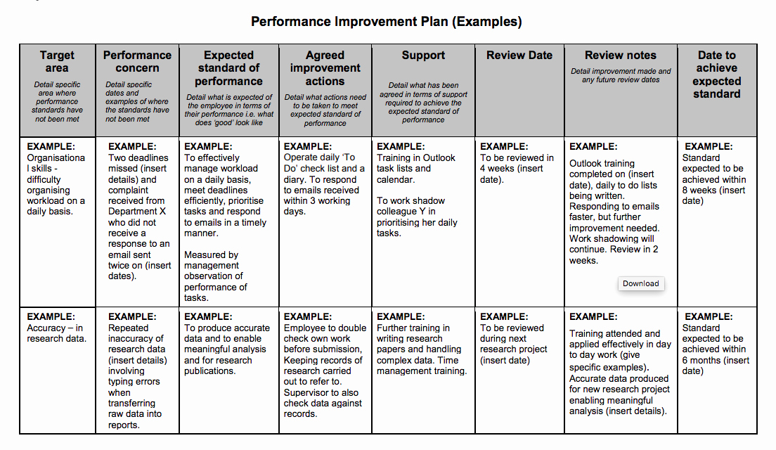 Sample Performance Improvement Plan Template Fresh Examples Performance Improvement Plans for Employees