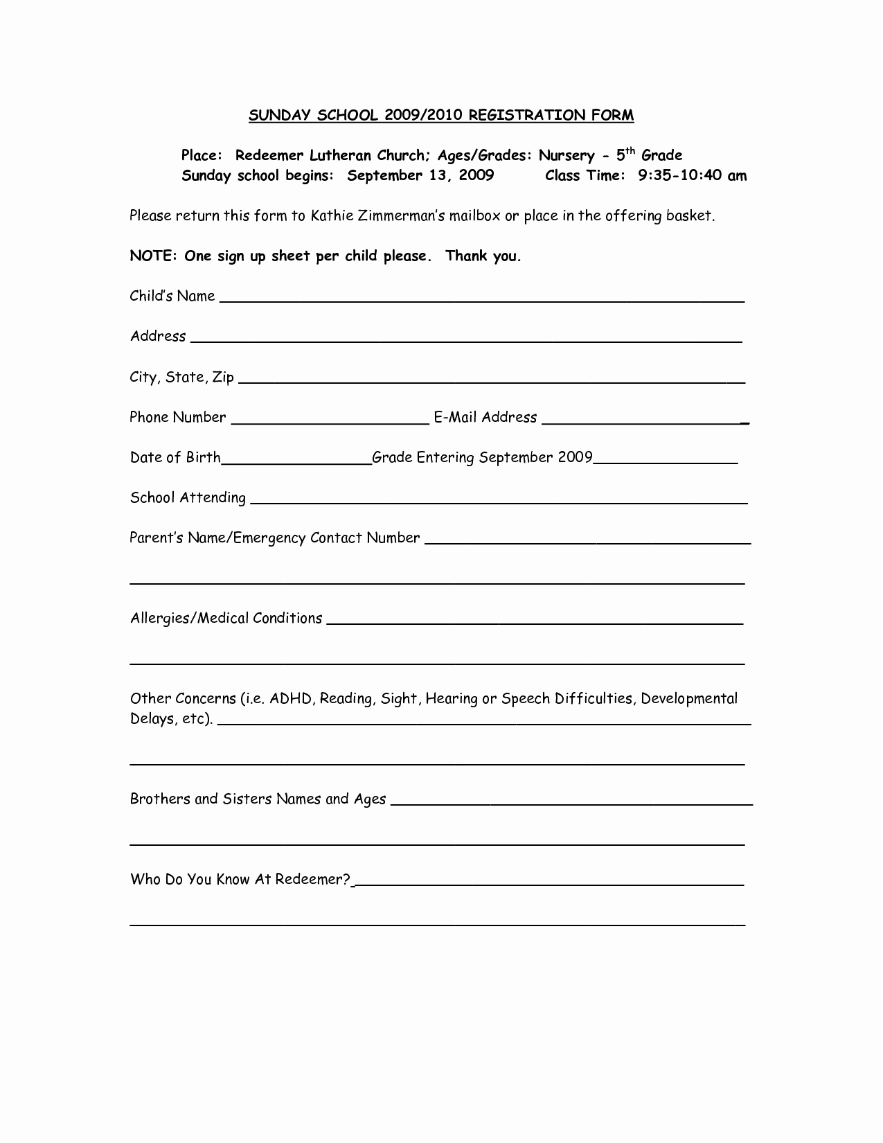 School Registration form Template Inspirational Church Nursery Registration form thenurseries