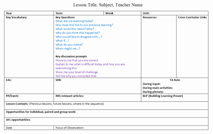 Secondary Lesson Plan Template Fresh Observed Lesson Plan Template for Primary Adaptable for
