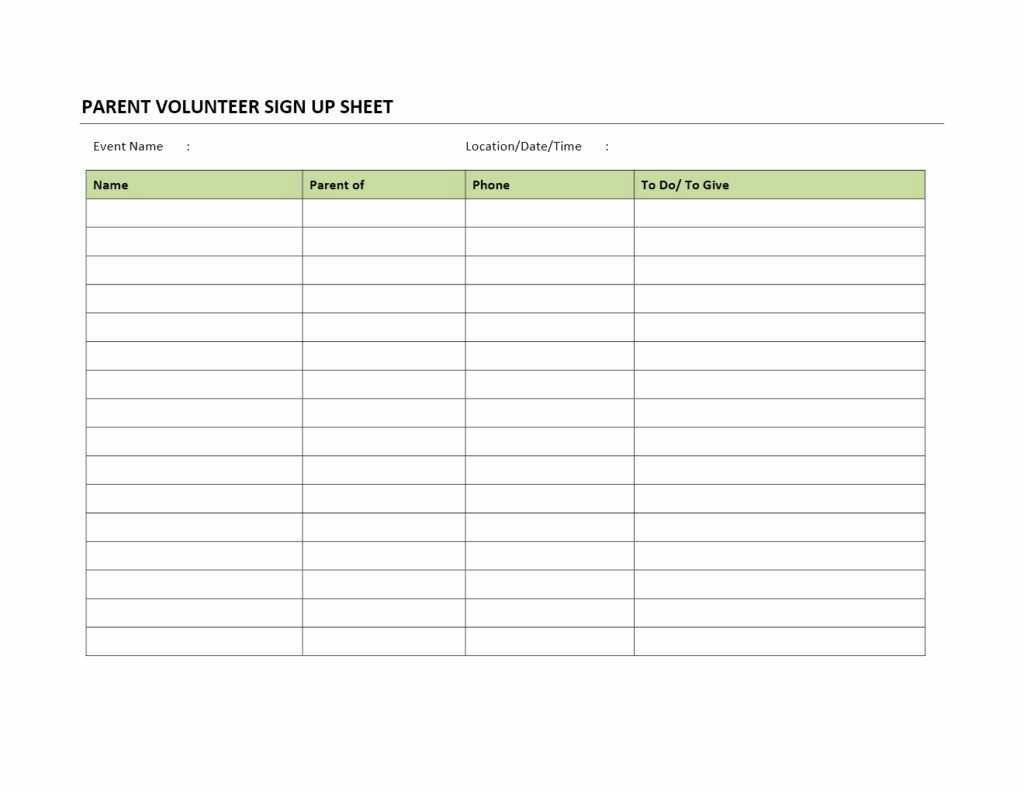 parent volunteer sign up sheet