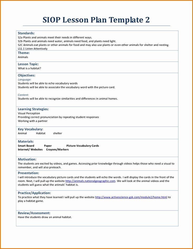 Siop Lesson Plan Template 2 Awesome Siop Lesson Plan Template 2 Doc Paperwork