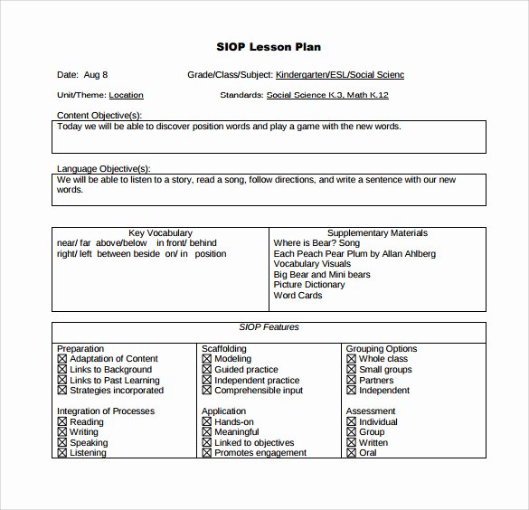 Siop Lesson Plan Template 2 Best Of Siop Lesson Plan Templates – 9 Examples In Pdf Word format