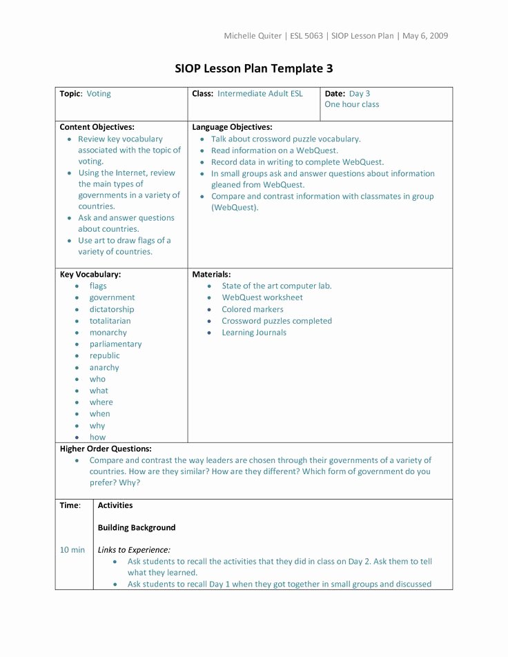 Siop Lesson Plan Template 2 Best Of Types Of Lesson Plan Templates