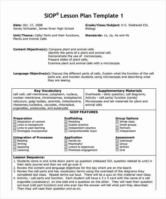 Siop Lesson Plan Template 2 Fresh Siop Lesson Plan Templates – 9 Examples In Pdf Word format
