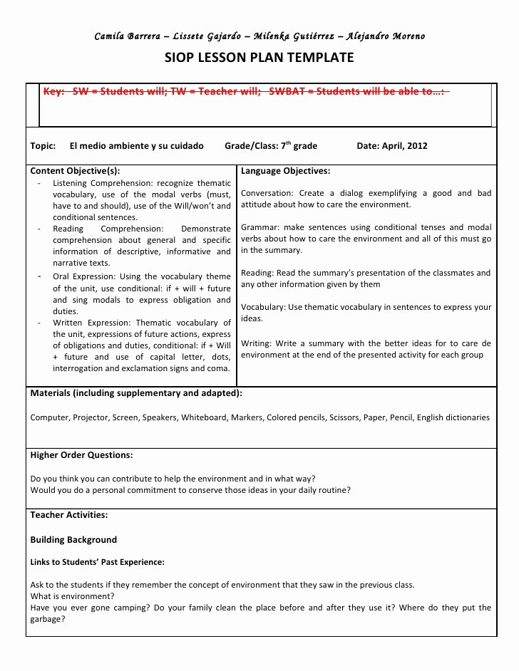 Siop Lesson Plan Template 2 Inspirational Siop Unit Lesson Plan Template Sei Model