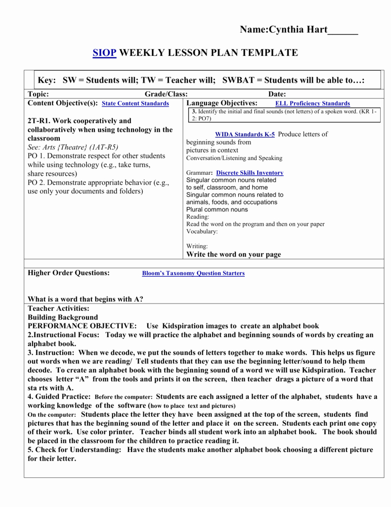 Siop Lesson Plan Template 2 Luxury Siop Lesson Plan Template