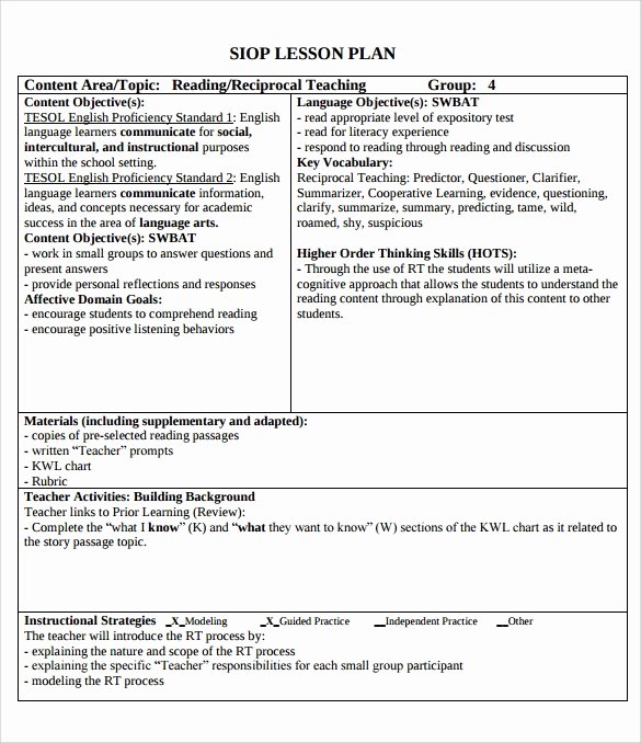Siop Lesson Plan Template 2 New Siop Lesson Plan Templates – 9 Examples In Pdf Word format