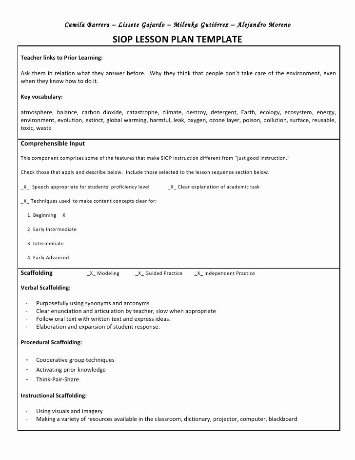 Siop Lesson Plan Template 2 Unique Siop Unit Lesson Plan Template Sei Model
