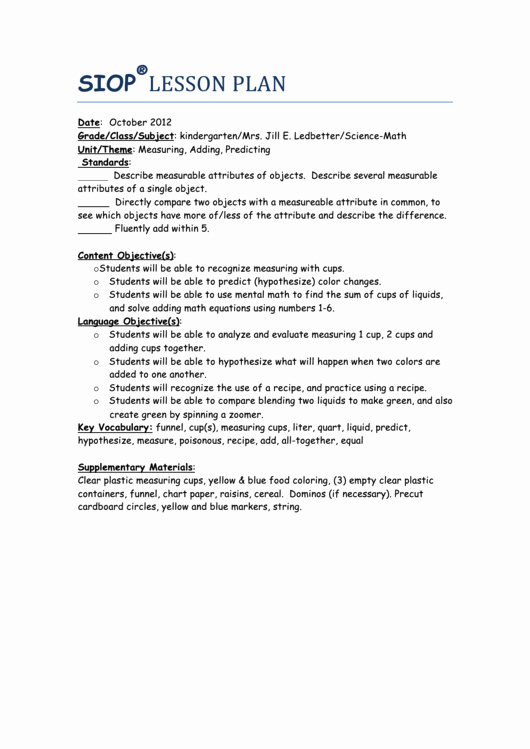 Siop Lesson Plan Template 3 Elegant Sample Siop Lesson Plan Measuring Adding Predicting