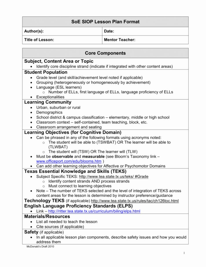 Siop Lesson Plan Template Awesome Siop Model Lesson Plan Template