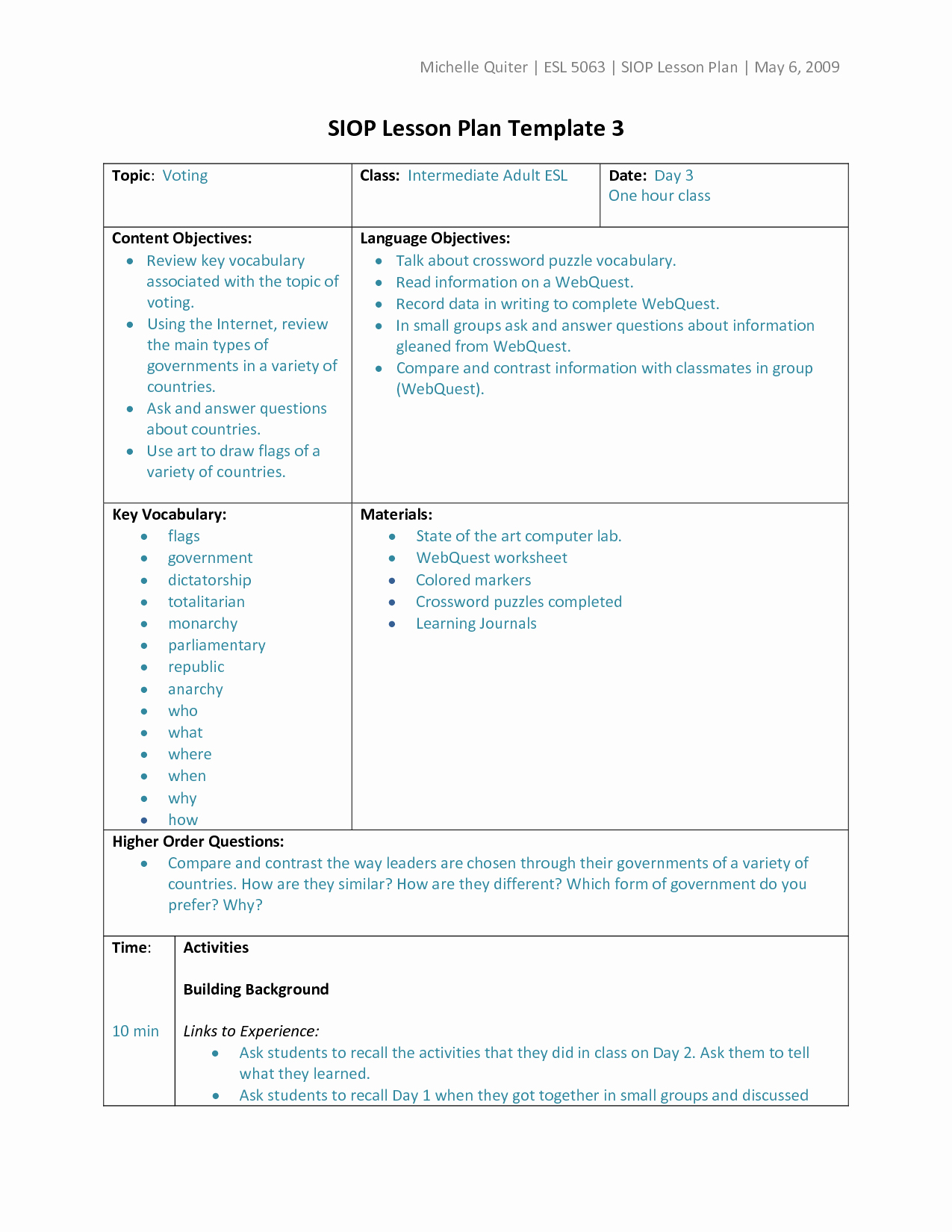 Siop Lesson Plan Template Awesome Types Of Lesson Plan Templates