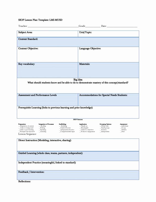 Siop Lesson Plan Template Elegant Siop Lesson Plan