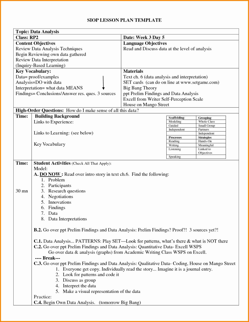 Siop Lesson Plan Template Fresh 14 Swbat Unterrichtsplanvorlage