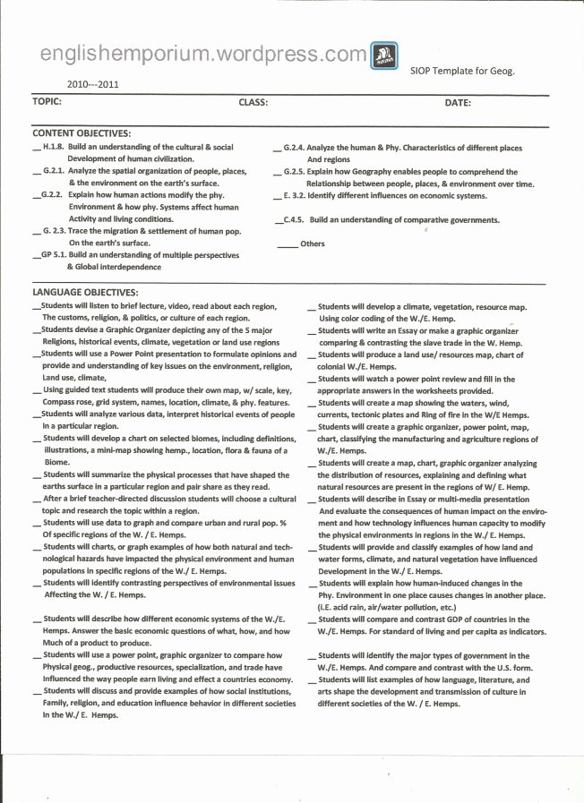 Siop Lesson Plan Template Lovely Mon Core