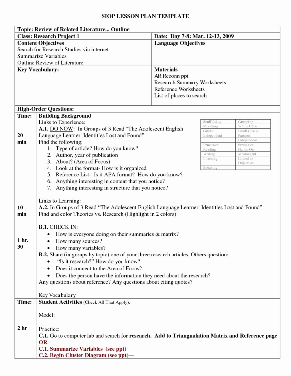 Siop Lesson Plan Template New 14 Swbat Unterrichtsplanvorlage