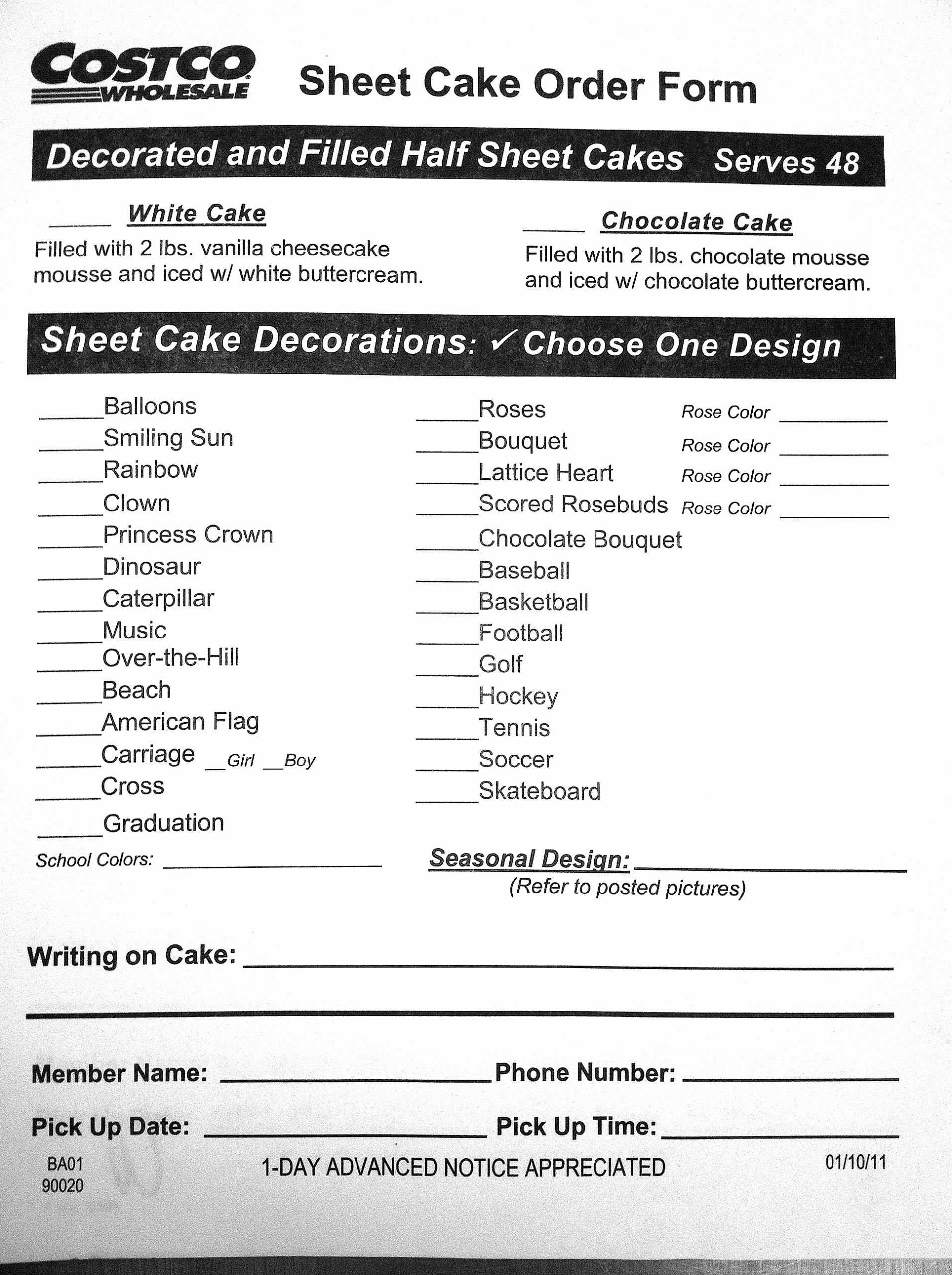 Special order form Template Fresh Costco Us Bakery Sheet Cake order form