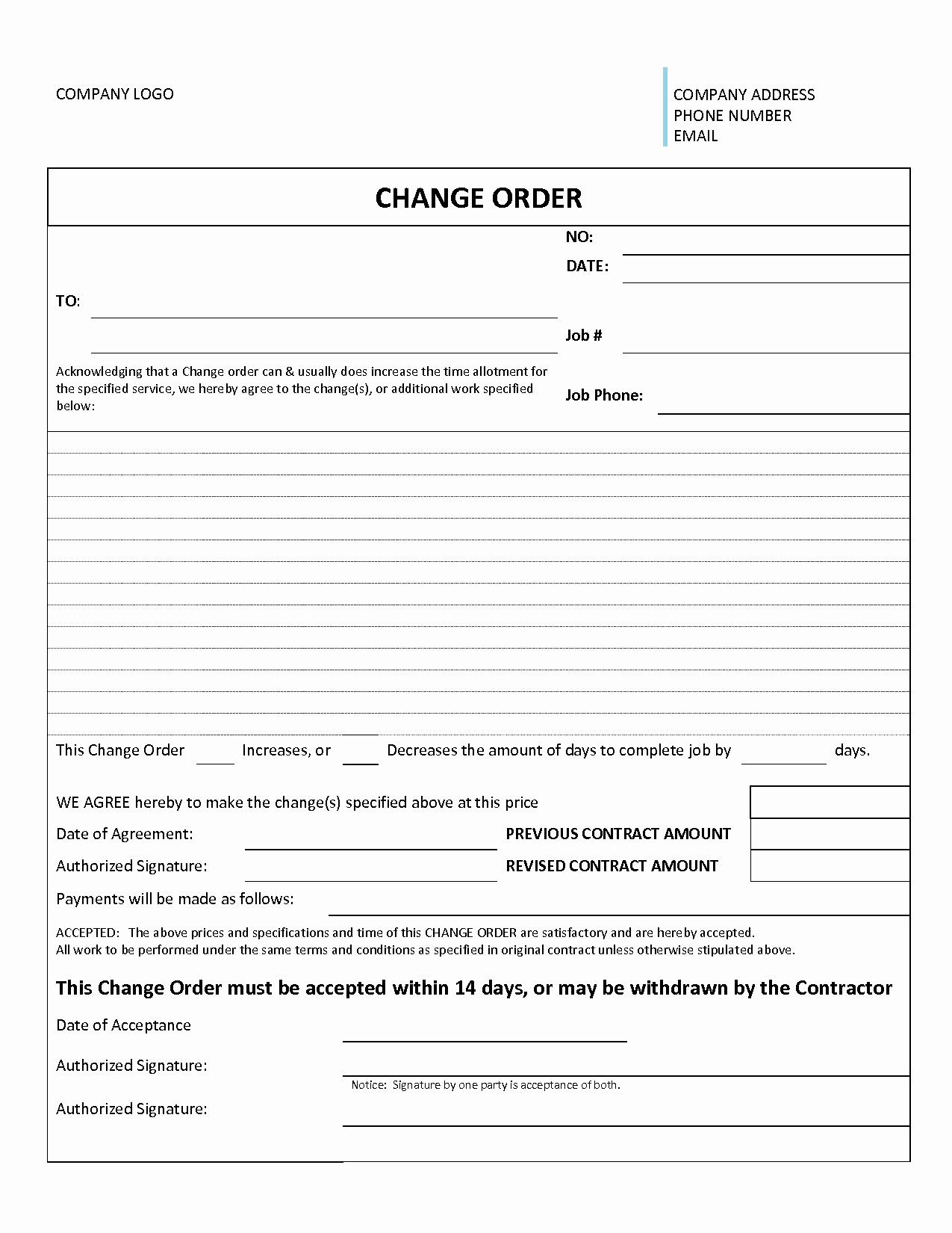 Special order form Template Inspirational Change order form Template