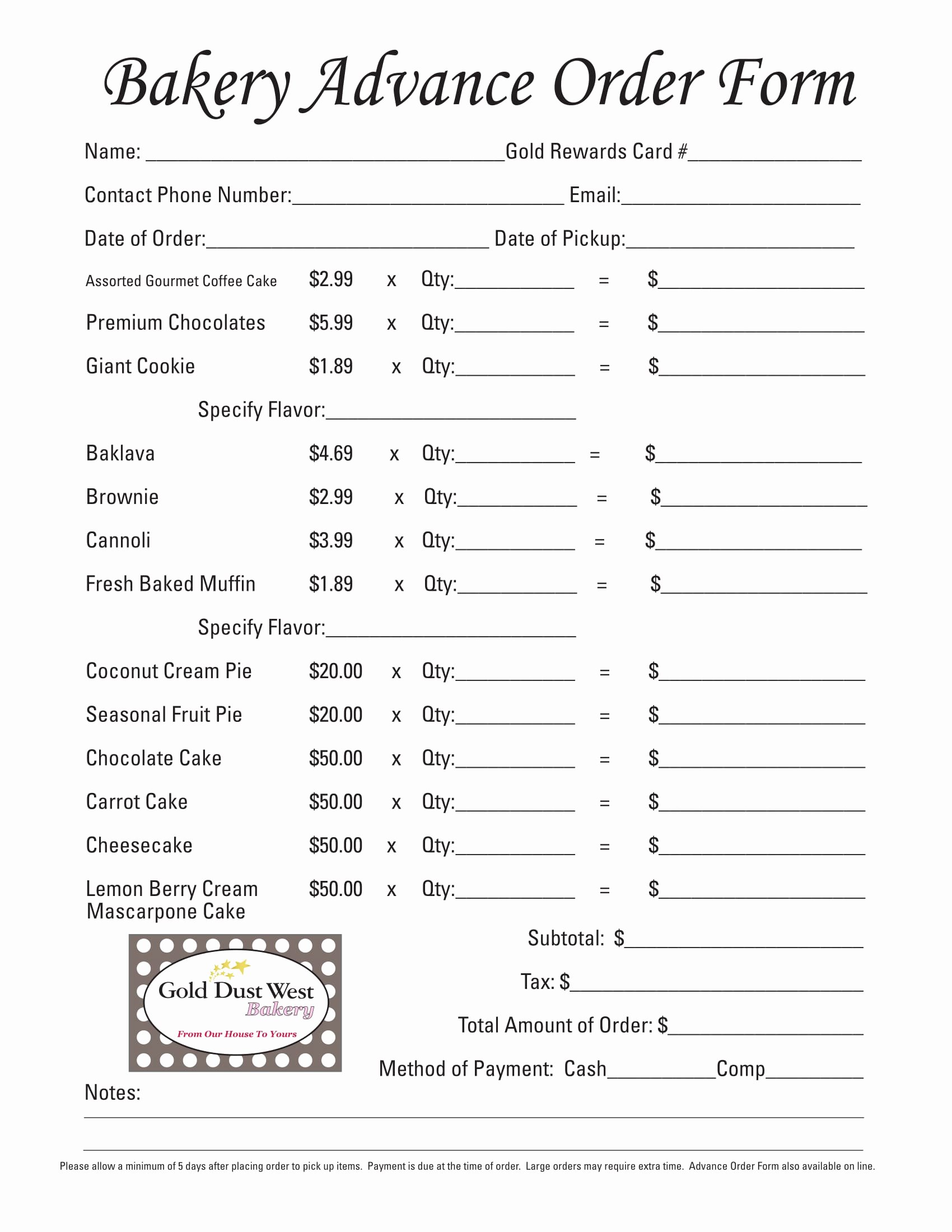 Special order form Template Luxury Free 14 Bakery order forms