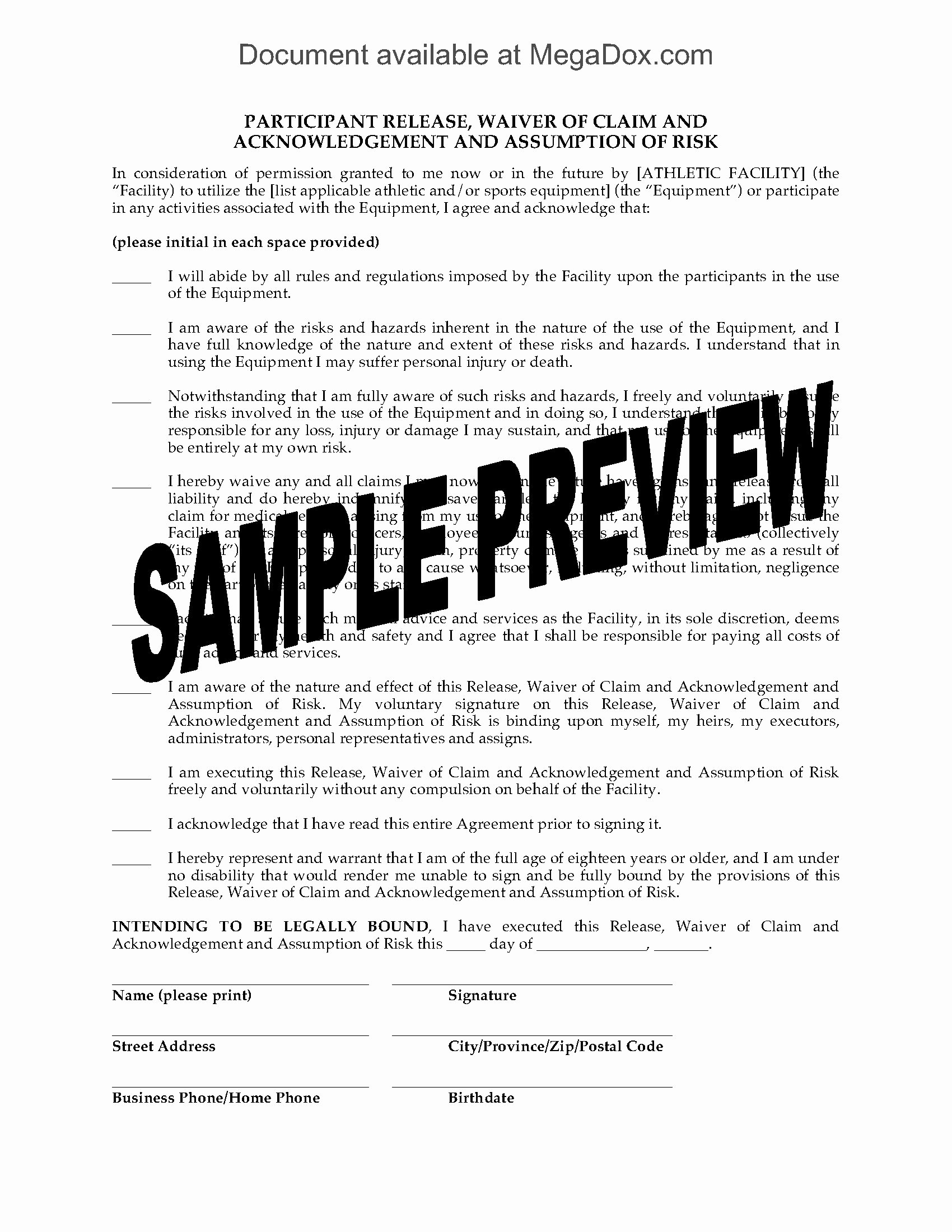 Sports Waiver form Template Awesome High Risk Sport Release and Waiver