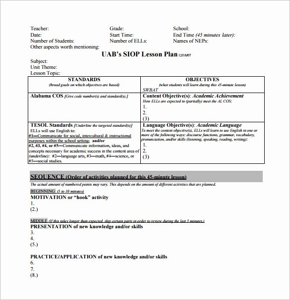 Standards Based Lesson Plan Template Best Of 10 Siop Lesson Plan Templates Doc Excel Pdf