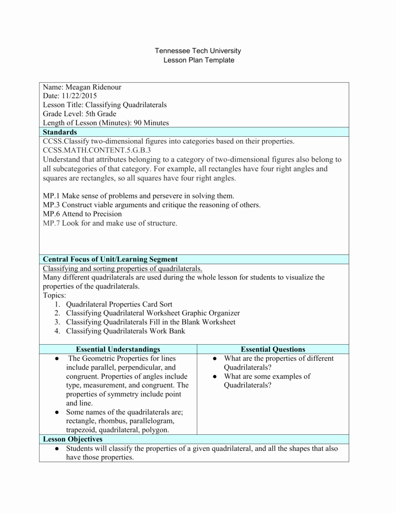 Standards Based Lesson Plan Template New Finished Math Lesson Plan