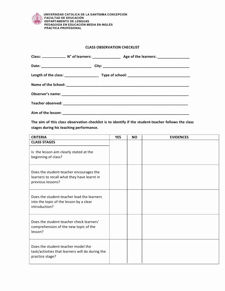 Student Observation form Template Awesome Class Observation Checklist Class Stages