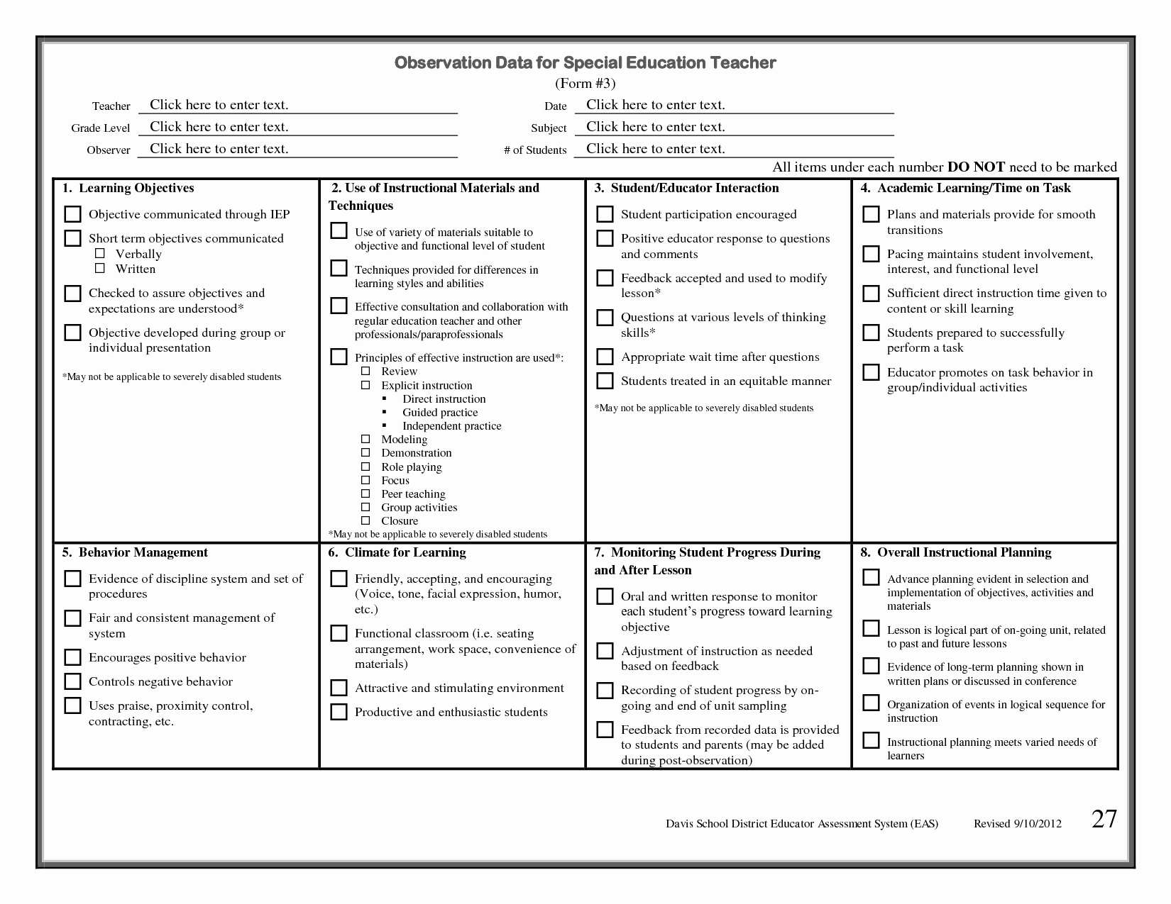 Student Observation form Template Fresh Special Education forms
