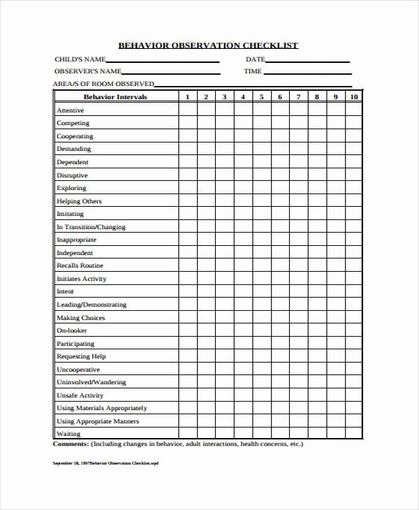 Student Observation form Template Lovely 10 Behavior Checklist Templates Free Pdf Word format