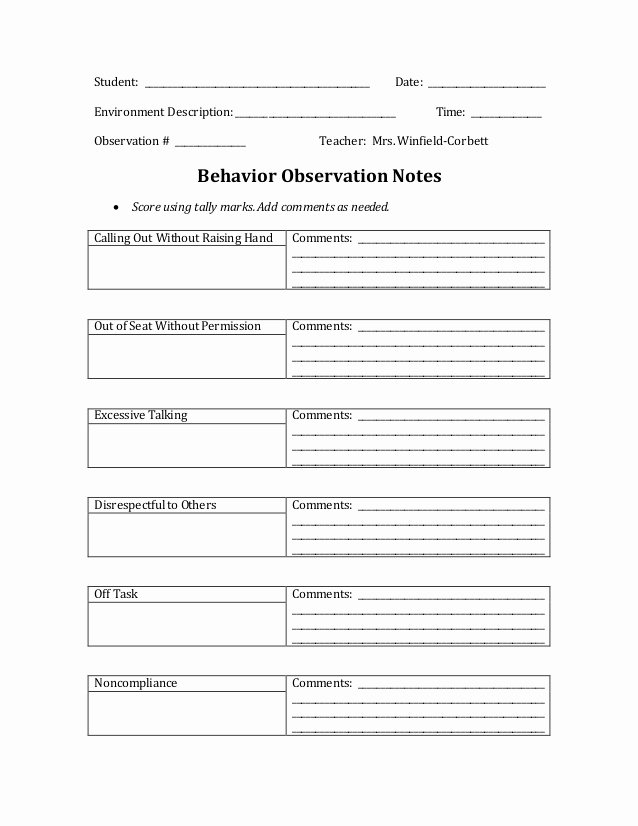 Student Observation form Template Lovely Behavior Observation Notes Template